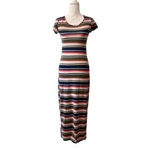 Multicolor Striped Boho Revival Short Sleeve Festival Maxi Dress TMG New York S